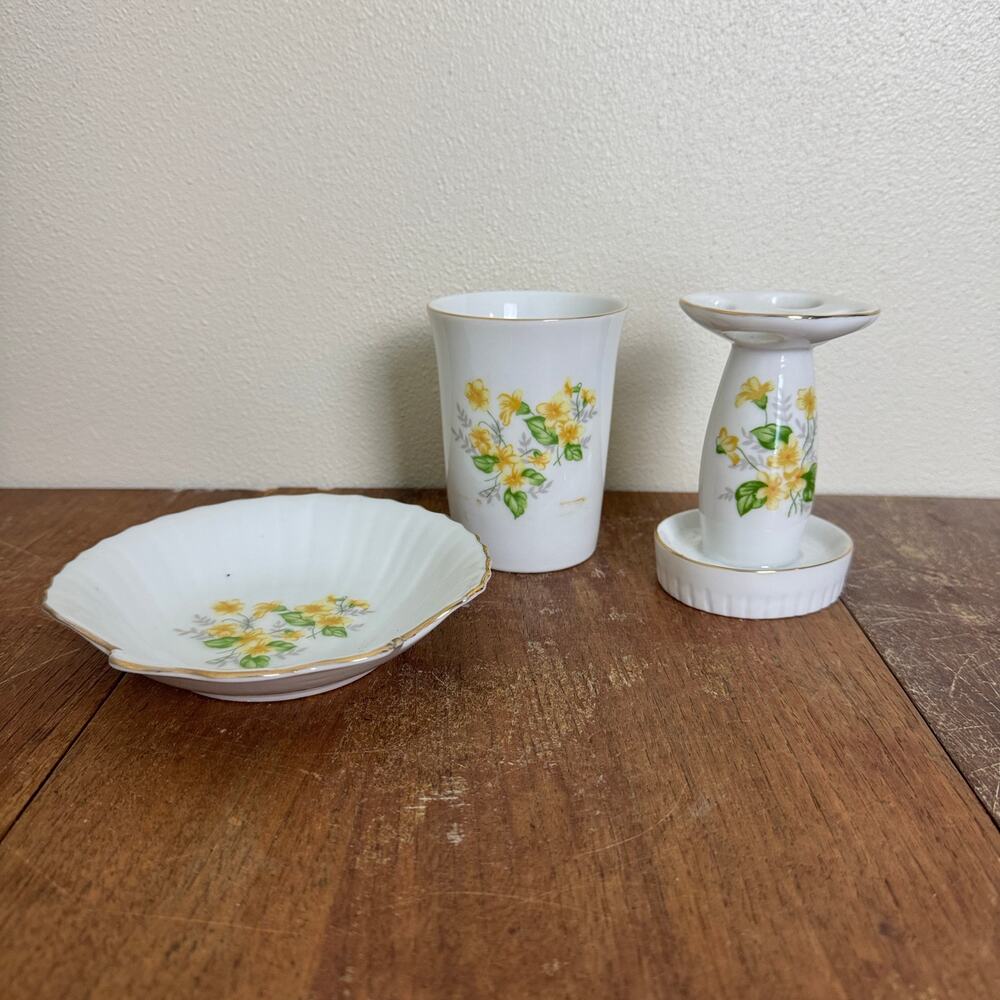Vintage Japan Porcelain 3pc Bathroom Set Yellow Floral Gold Trim Shell Dish Cup‎